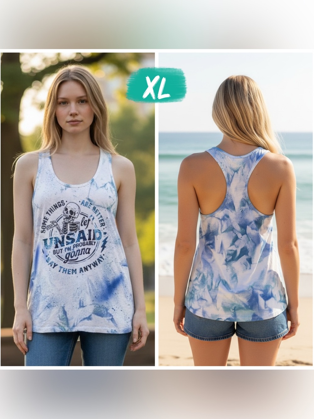 Bella & Canvas Racerback Tank Top with Skull Graphic Lightly fabric painted
